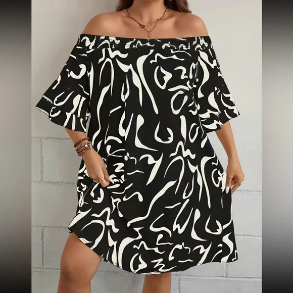 Boho plus size off shoulder flounce sleeve dress - Picture 1 of 4